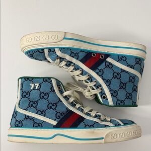 Gucci Blue Tennis 1977 High-Top Sneakers with Red and Green Accents White lace